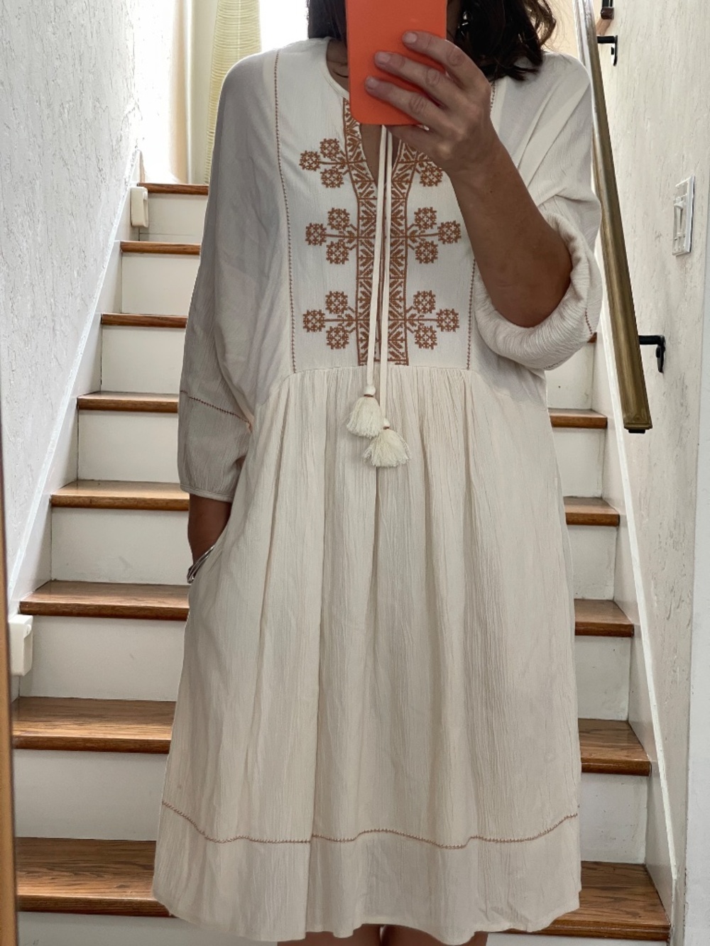 Knox Rose summer boho ivory terracotta embroidered mini dress XS
